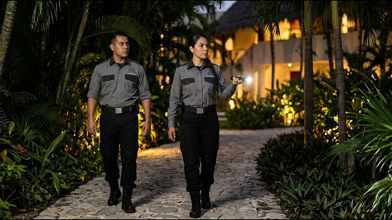 Guardias de Nivel Delta en rondín nocturno con lámpara en un residencial de Cancún